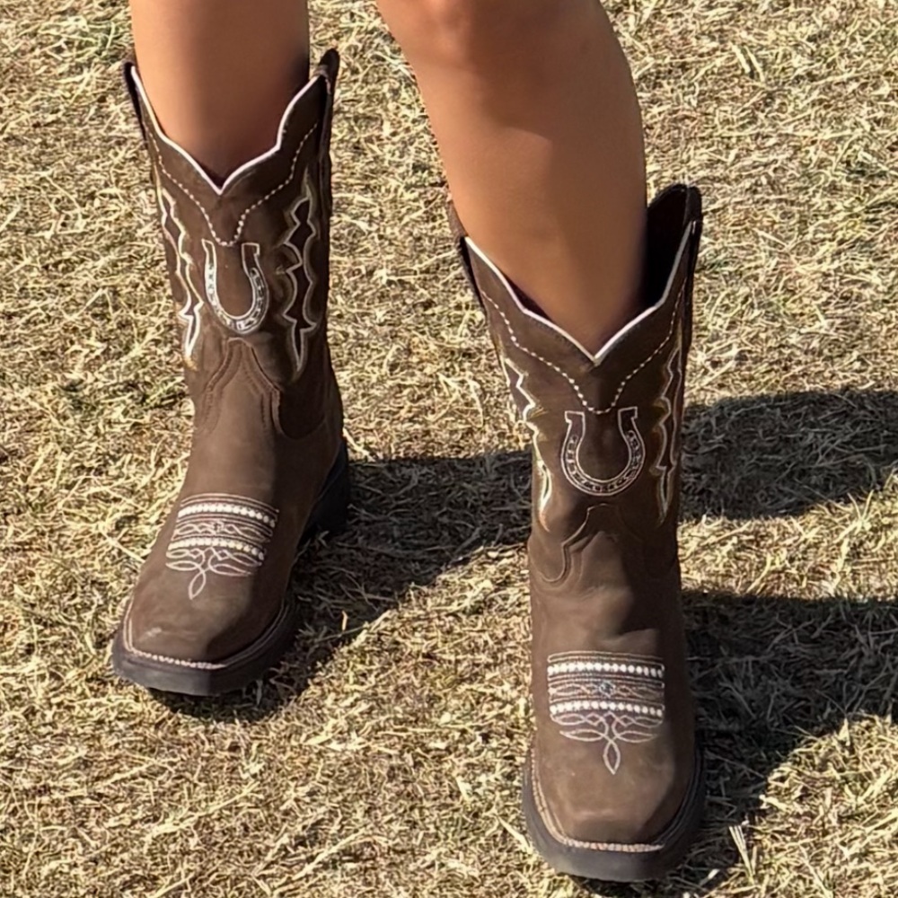El General Dark Brown Cowboy Boots with White Embroidery
